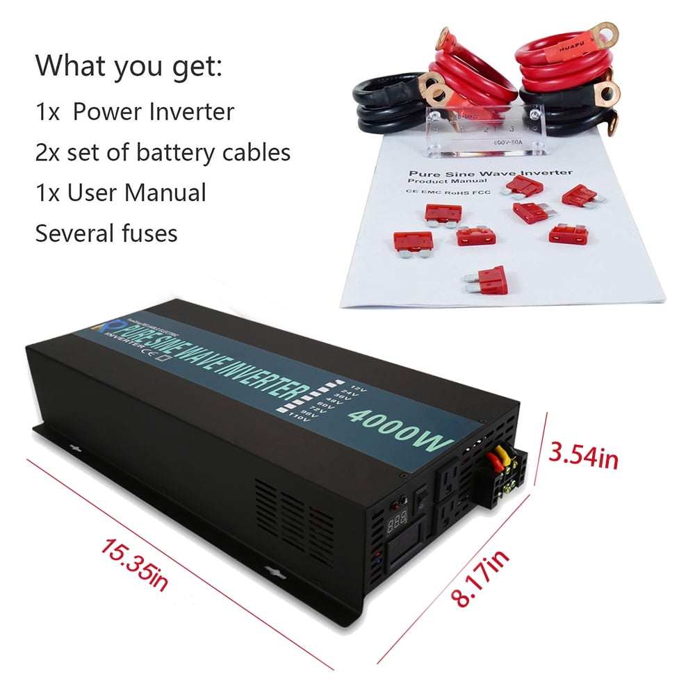 4000W Pure Sine Wave Inverter 12V to 120V Car Power Converter Truck RV Battery Generator Solar Home