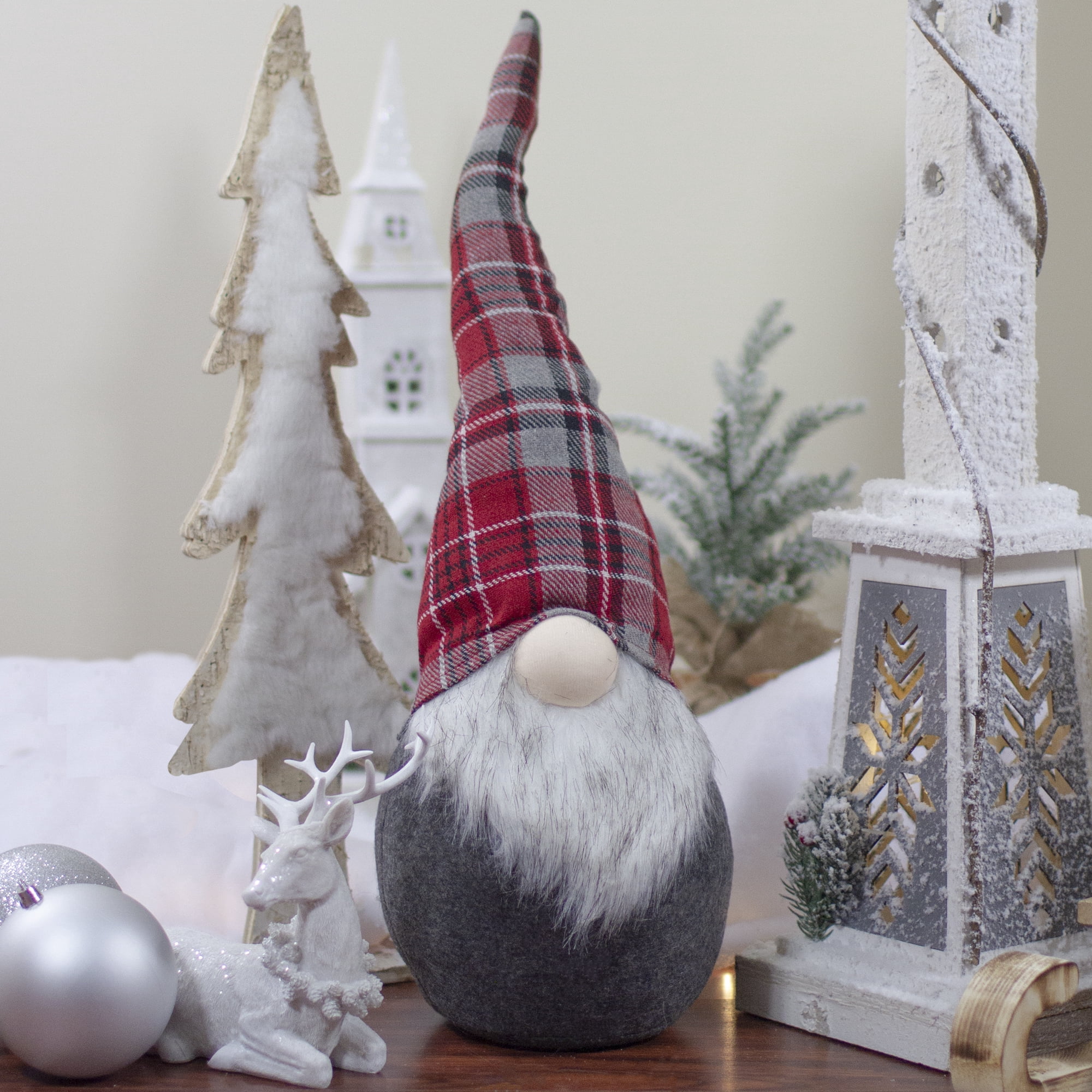 Plaid Bendable Hat Gnome Sitting Christmas Decoration - 25" - Red and Gray