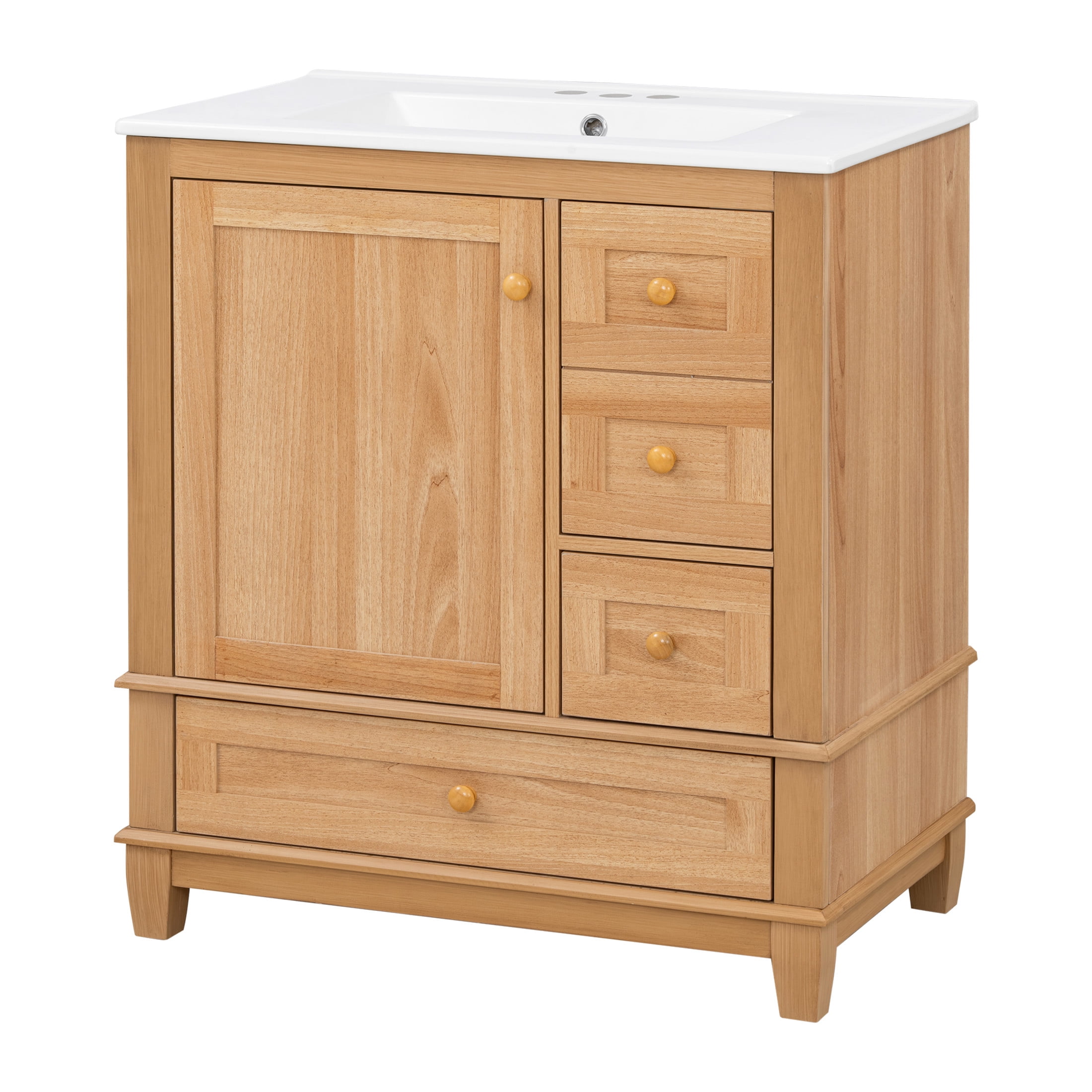 Christopher Knight Home 30" Bathroom Vanity with Ceramic Sink, Soft-Close Door and 3 Drawers, Natural Wood