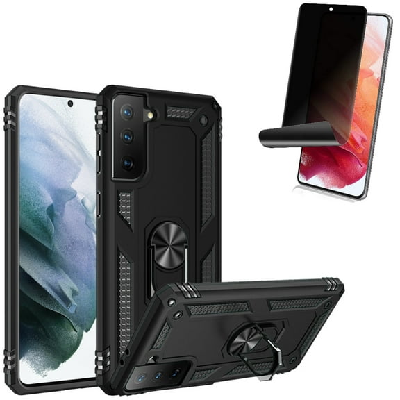 Privacy Screen Protector and Hybrid Case Cover for Samsung Galaxy S22 Phone - TPU Film Fingerprint Works Anti-Peep Anti-Spy & Metal Ring Kickstand Shockproof Armor Accessory Bundle