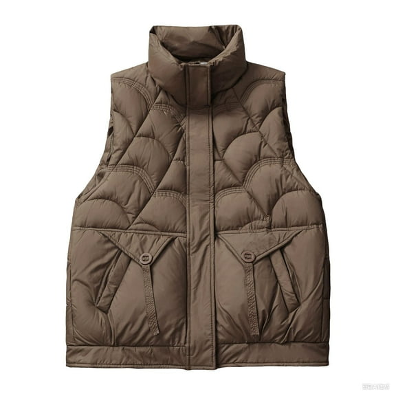 QQAMB Puffer Vest for Women Winter Sleeveless Quilted Jacket Lightweight Stand Collar Zip Padded Coats Vests Coffee XL