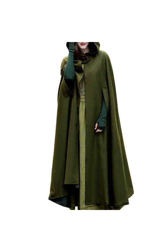 Women's Hood Wool Blend Cape Winter Warm Trench Jacket Cloak Plus Size Batwing Sleeve Coat Open Front Cardigan Army Green