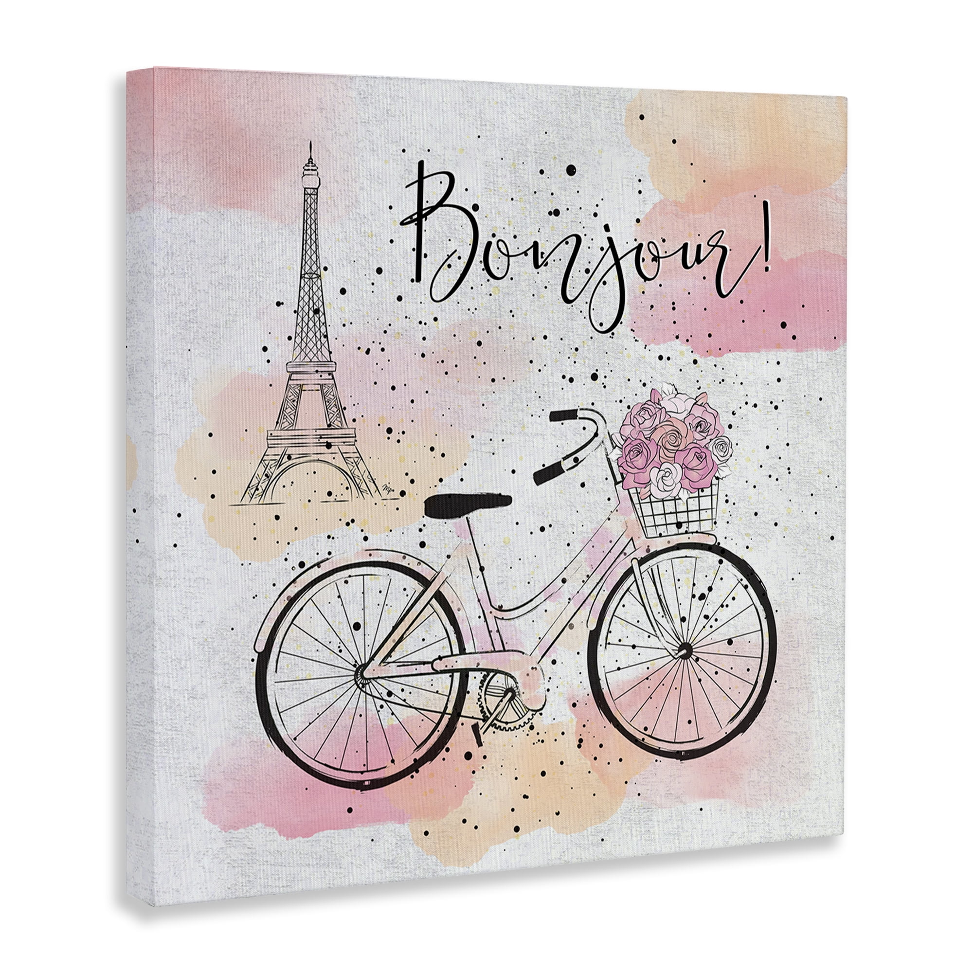 Stupell Industries Bonjour Paris & Bicycle Town & City Painting Gallery Wrapped Canvas Art Print Wall Art, 36 x 36
