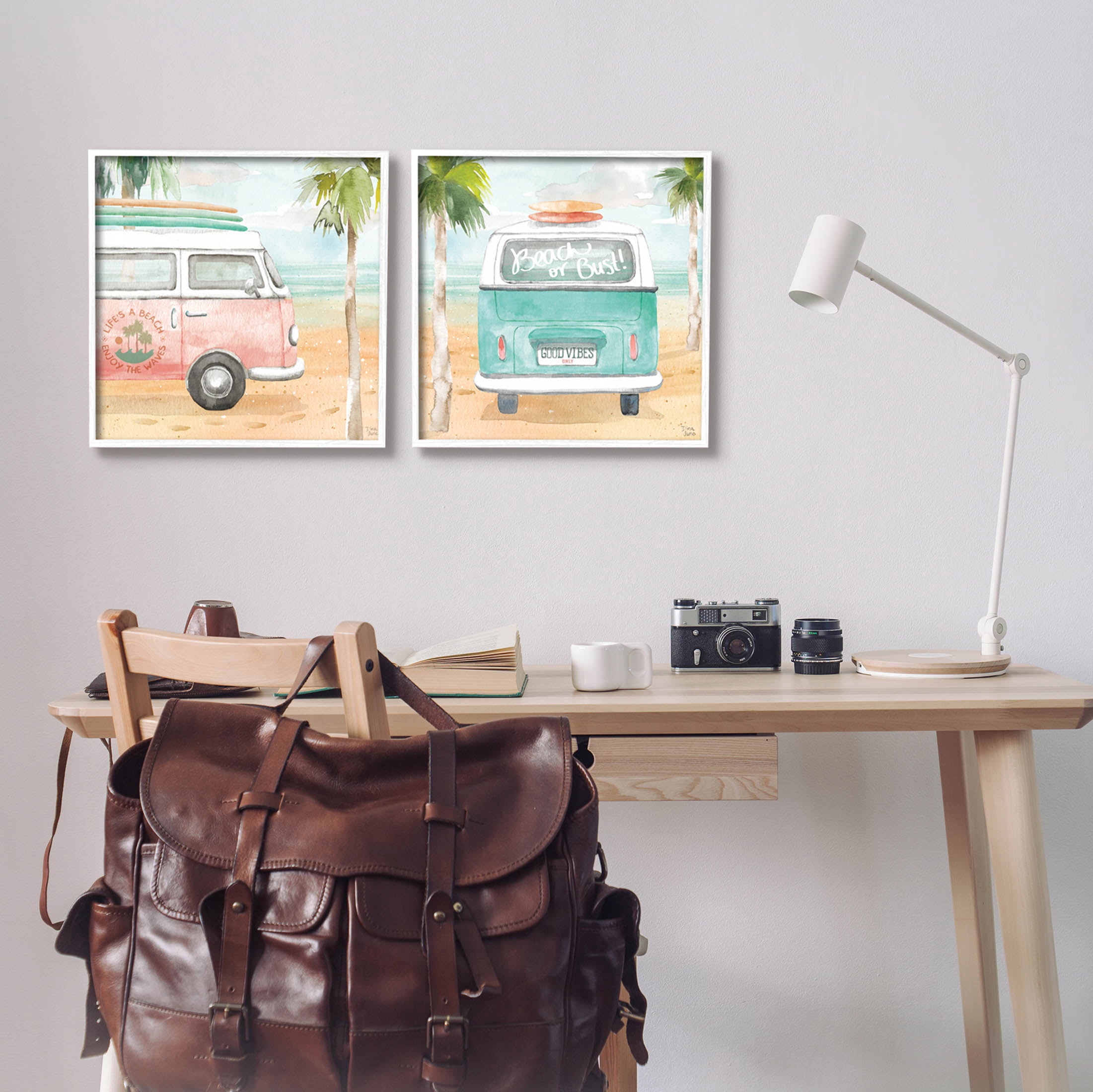 Stupell Industries Tropical Beach Vacation Van Painting White Framed Art Print Wall Art, Set of 2, Design by Dina June