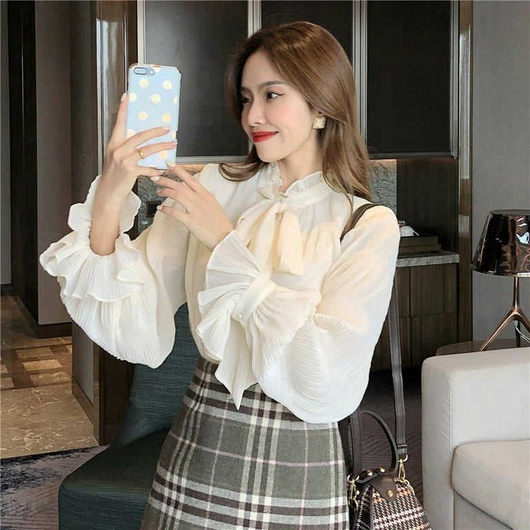 Ribbon Chiffon Blouse Women Korean Style Oversized Shirt Flare 