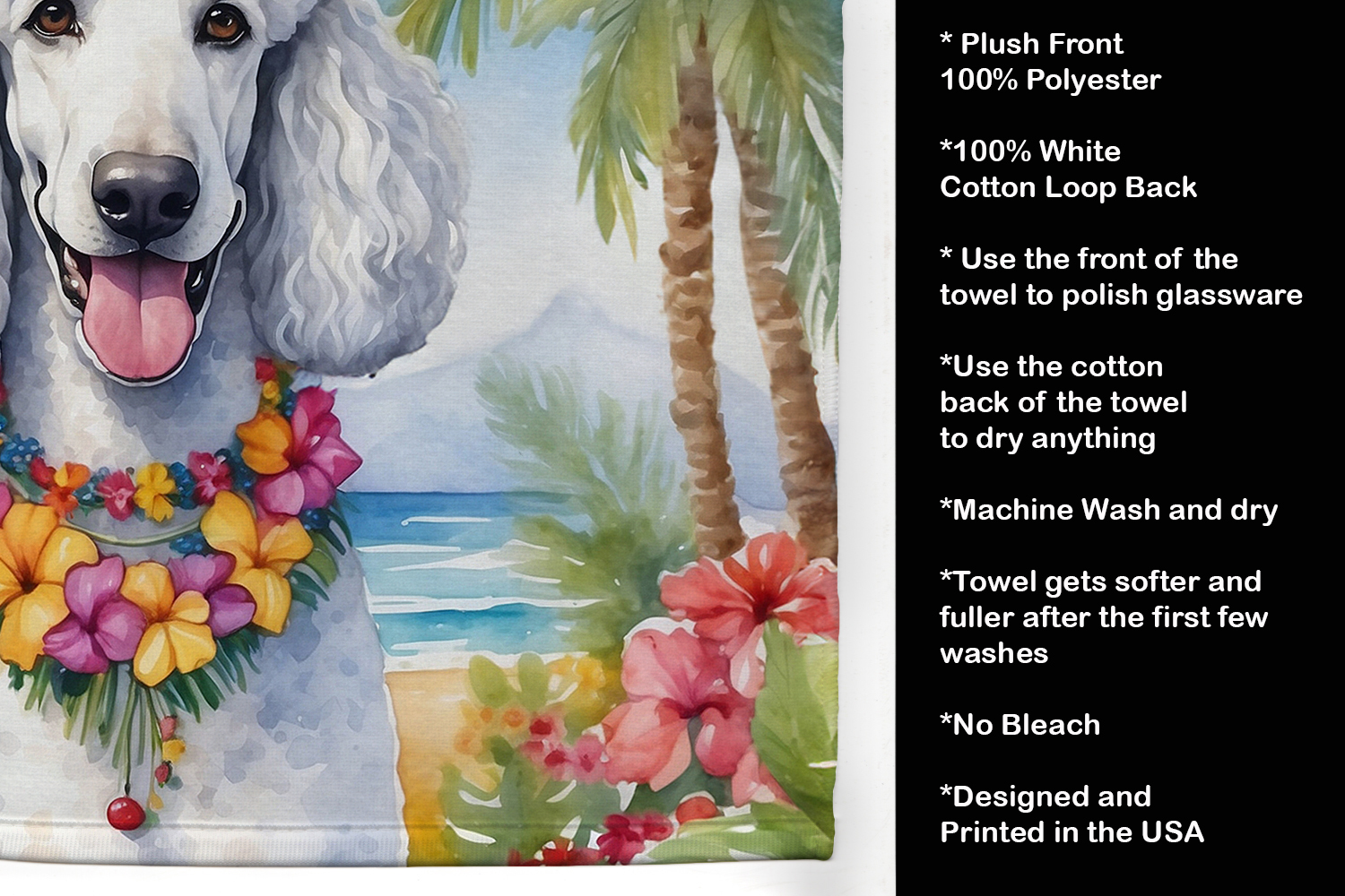 White Poodle Luau Kitchen Towel 15 in x 25 in