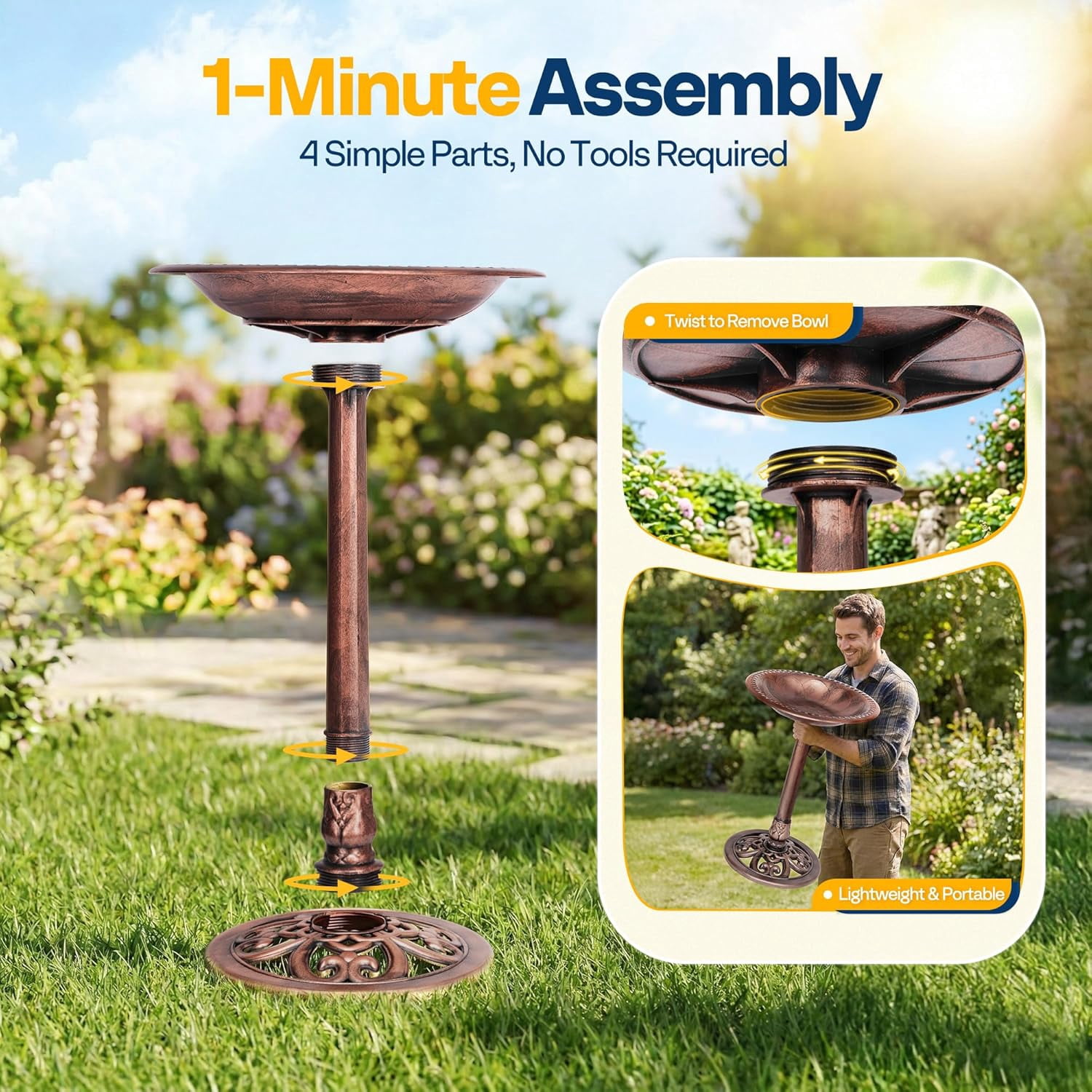 SPECSTAR Bird Bath, 28 inch Height Polyresin Lightweight Antique Outdoor Garden Birdbath Bronze