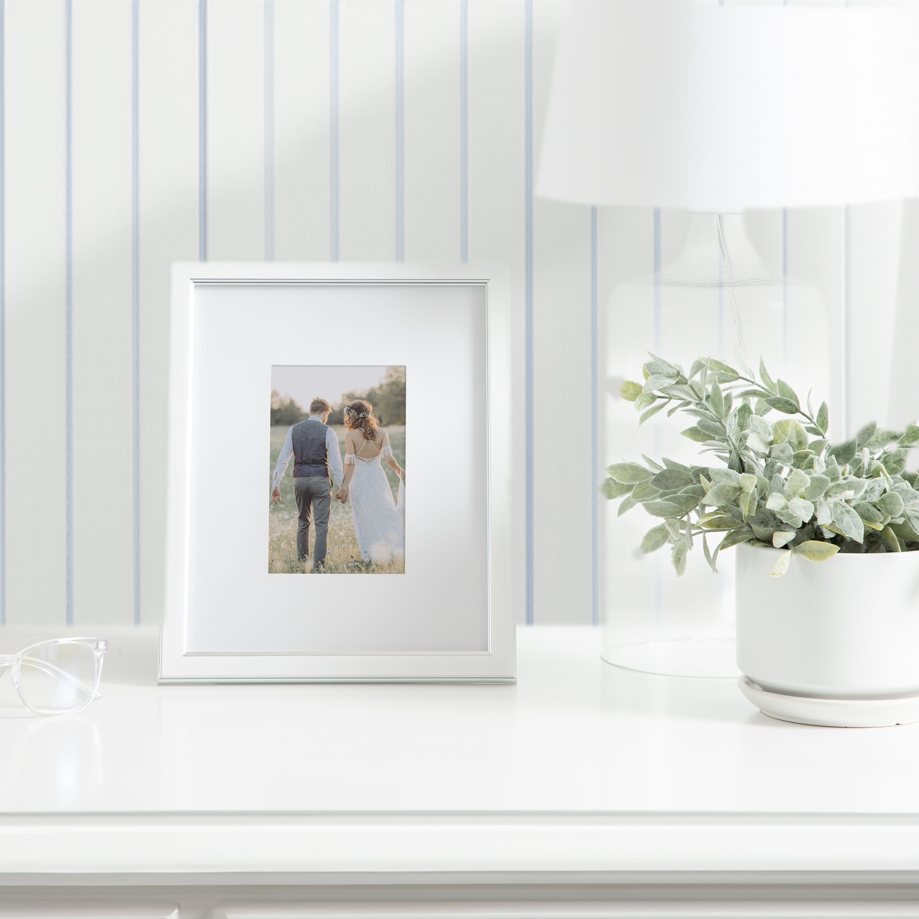 DesignOvation 8x10 Matted for 4x6 White/Silver Decorative Tabletop Picture Frame