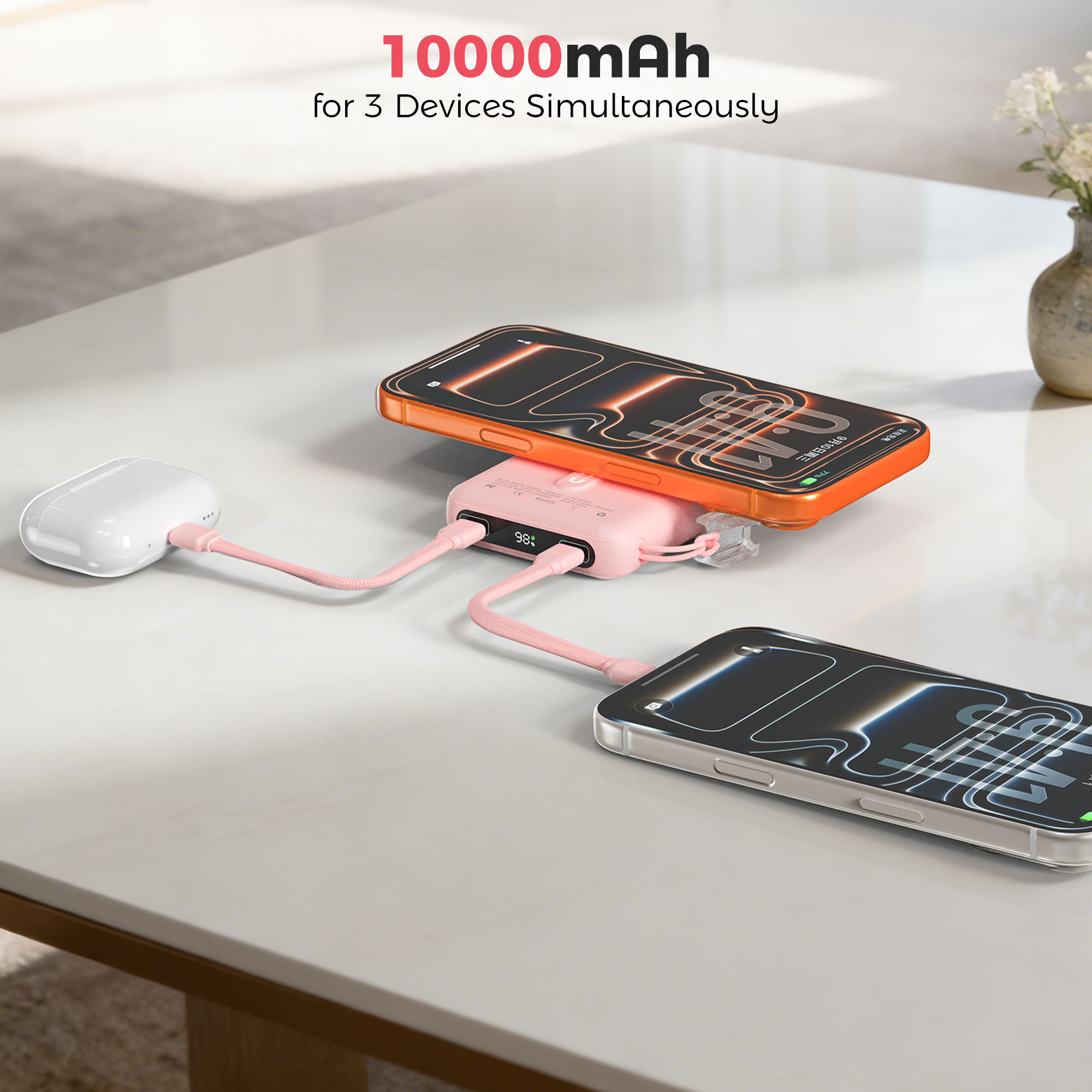 OWNTECH 10000mAh Magnetic Wireless Power Bank with Smart Display, 22.5W PD Fast Charging Portable Charger, Built-in Foldable Stand & USB-C Cable Compatible with iPhone 17/16/15/14 Series (Pink)