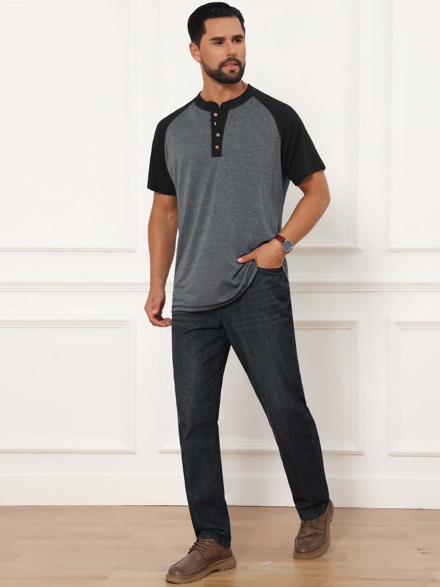 DARING DIVA Men's Raglan Henley Retro Short Sleeve Button Down T-Shirt S Dark Gray