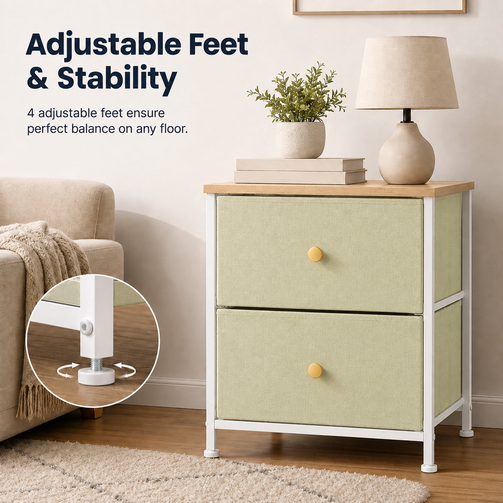 Alvantor Nightstand with 2 Storage Drawers, Small Bedside Table, Small Dresser with Sturdy Wooden Top for Daily Essentials, Compact Nightstand for Bedroom and Small Spaces