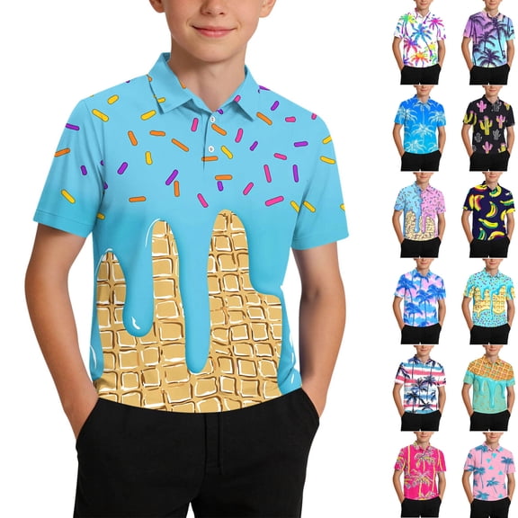 Crunowin Boys Polo Shirts Hawaiian Golf Collared (5-15), Summer Short Sleeve School Uniform Tops Light Blue 9-10 Years