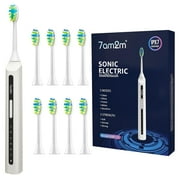 7AM2M Sonic Electric Toothbrush, High Power Rechargeable Toothbrushes, with 8 Brush Heads for Adults and Kids, 15 Adjustable Modes, Built-in 2-Minute Smart Timer, 4 Hours Fast Charge, White