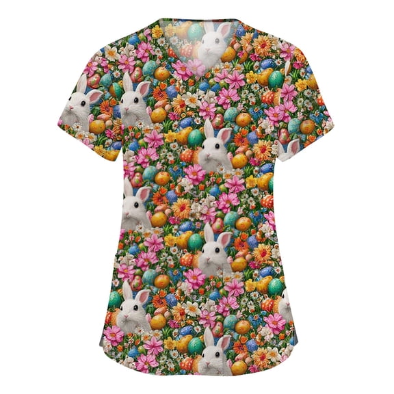 LTTVQM Easter Scrub Tops Women 2026 Bunny Eggs Print Cute Short Sleeve Tops Loose Fit V Neck Lightweight Scrub Tops with Pockets Pink 3XL