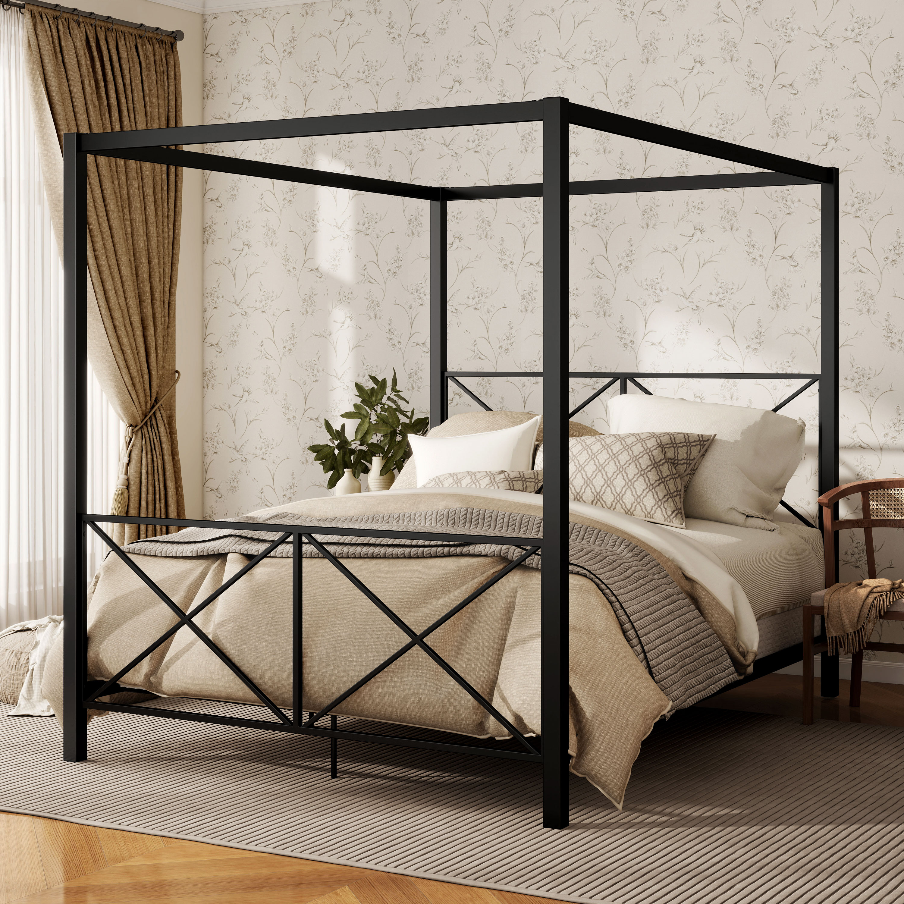 Furniture of America Rosedale Modern Metal X-Cross Canopy Bed, Full Size, White