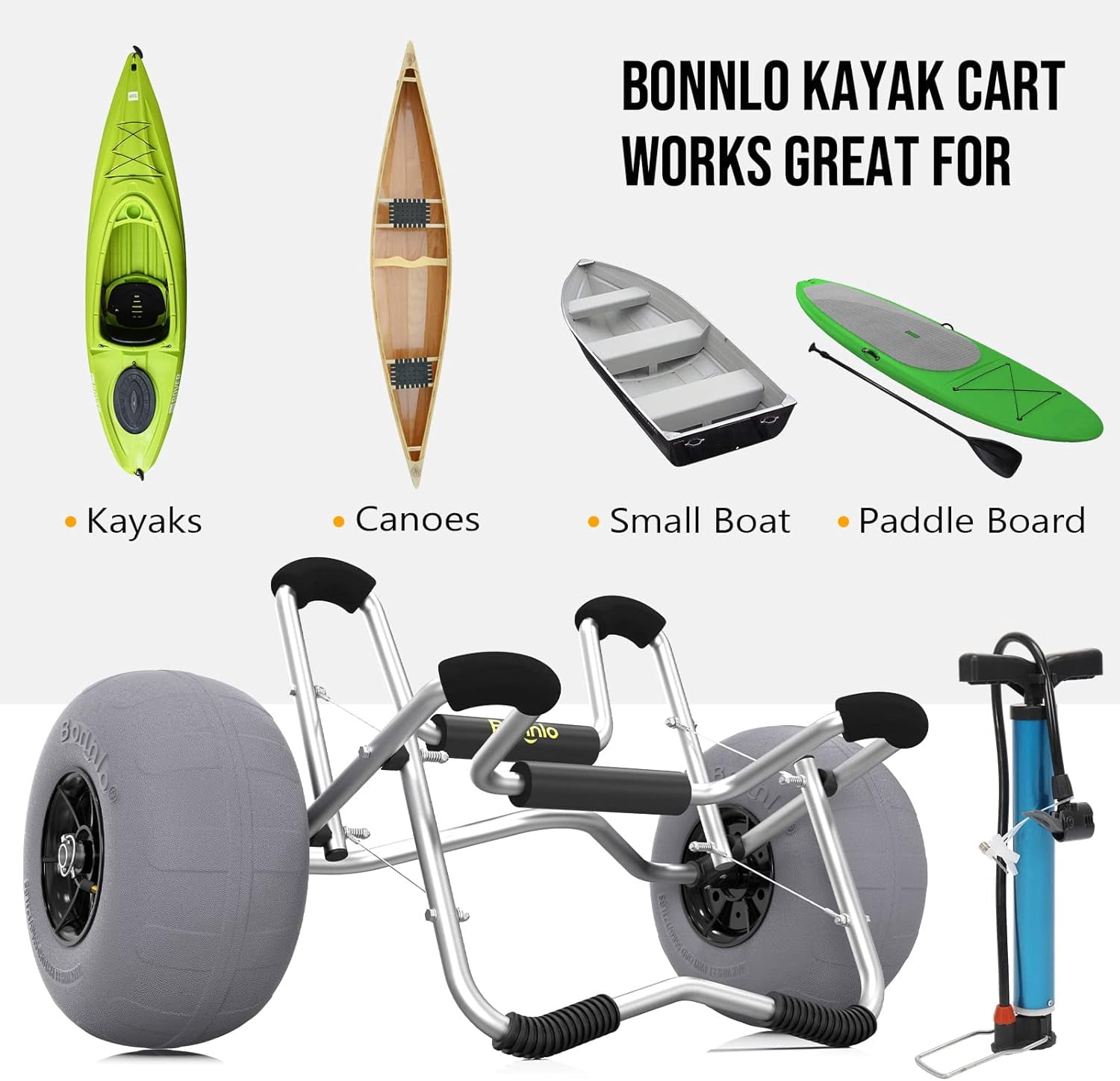 Bonnlo Kayak Beach Cart with Balloon Wheels Canoe Dolly Foldable Paddle Board Boat Cart CarrierTrolley Transport with 12" Big Balloon Wheels, Free Pump, 2 Ratchet Straps- Perfect for Soft Sand
