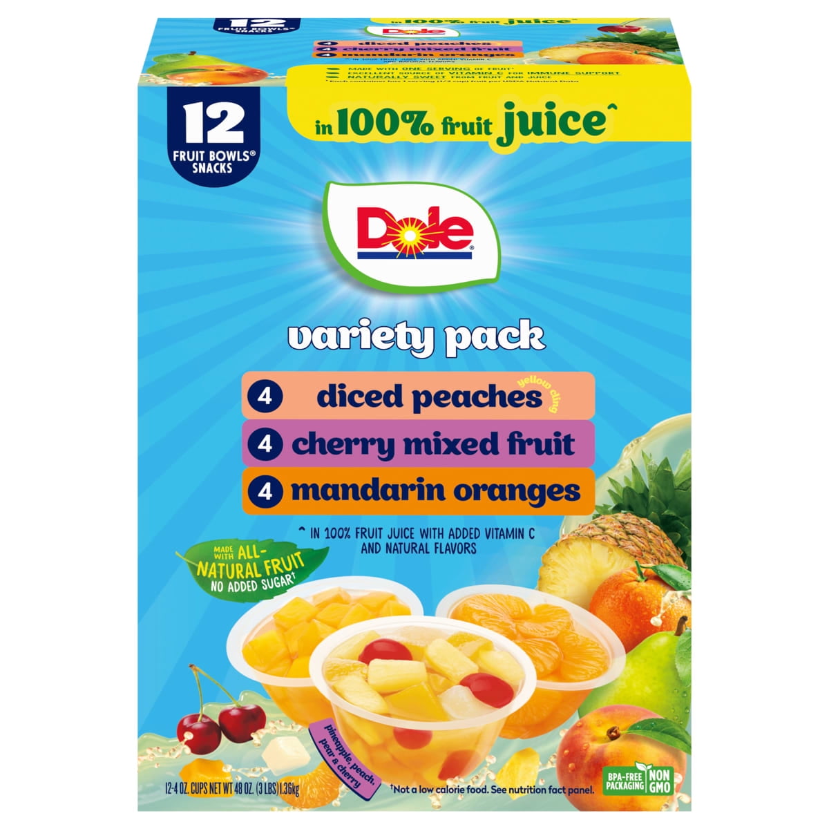 (2 pack) Dole Fruit Bowls Peaches, Mandarin Oranges, Cherry Mixed Fruit in 100% Fruit Juice, 4 oz (12 Pack)