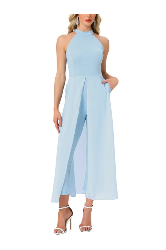 Style Women's Dressy Jumpsuit Halter Neck Sleeveless Elegant Formal Wide-Leg Jumpsuit S Light Blue