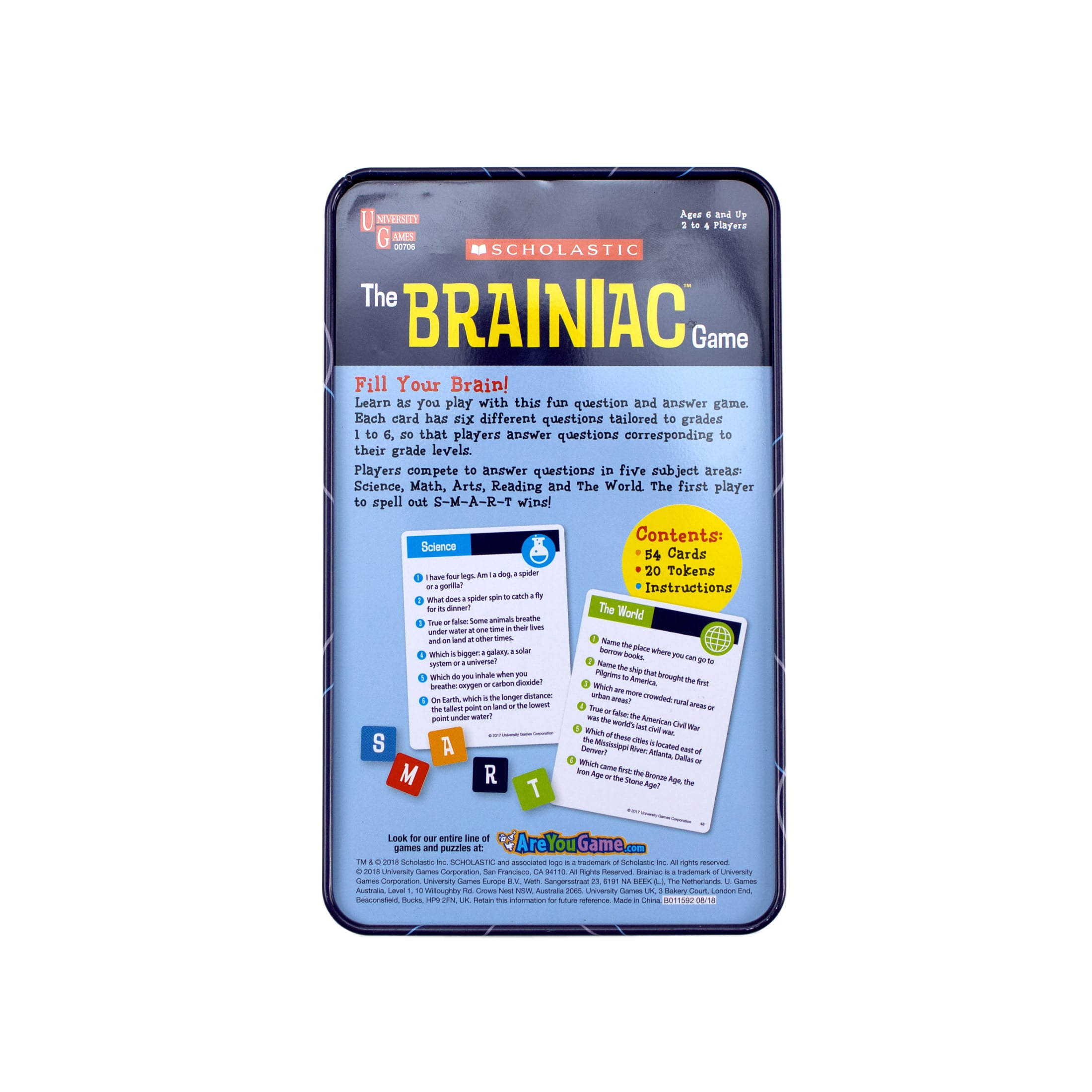 University Games | Scholastic Brainiac Travel Card Game in a Portable Tin , Perfect on the go Fun for Kids Ages 6 and Up, 2 to 4 Players