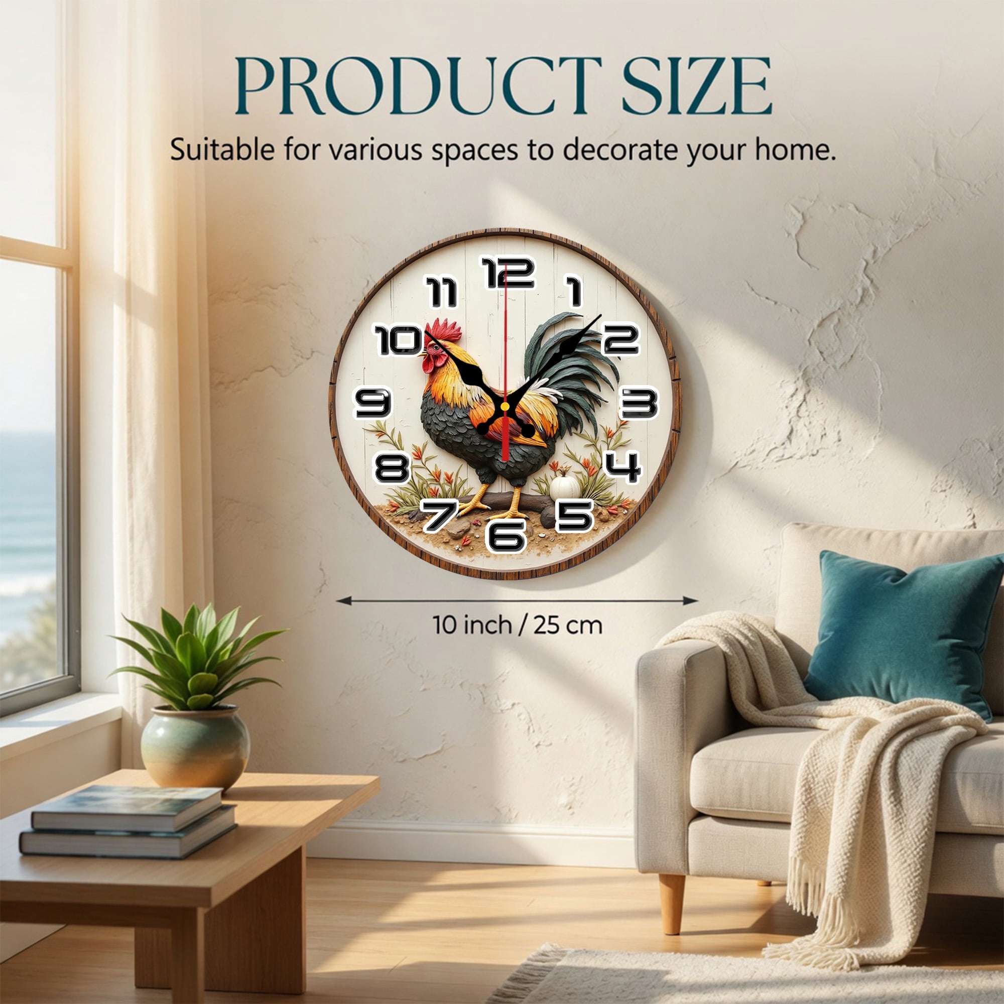 Rooster Farmhouse Wall Clock, Round Wooden Mdf Rustic Chicken Wall Decor Clock For Kitchen Dining Room Home