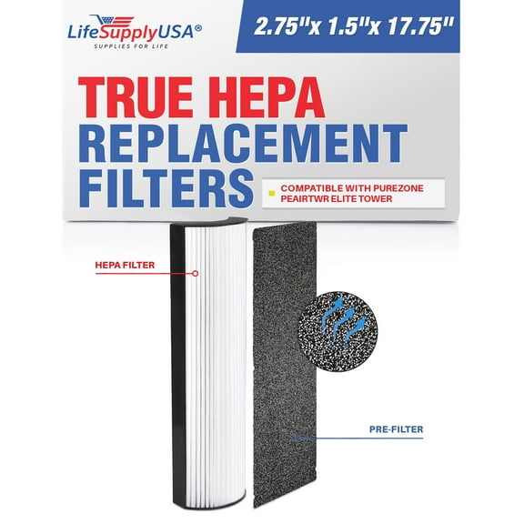 LifeSupplyUSA Complete Replacement Filter Set (1 True HEPA Air Cleaner Replacement Filter   1 Carbon Filter) Compatible with PureZone PEAIRTWR Elite Tower Air Purifiers