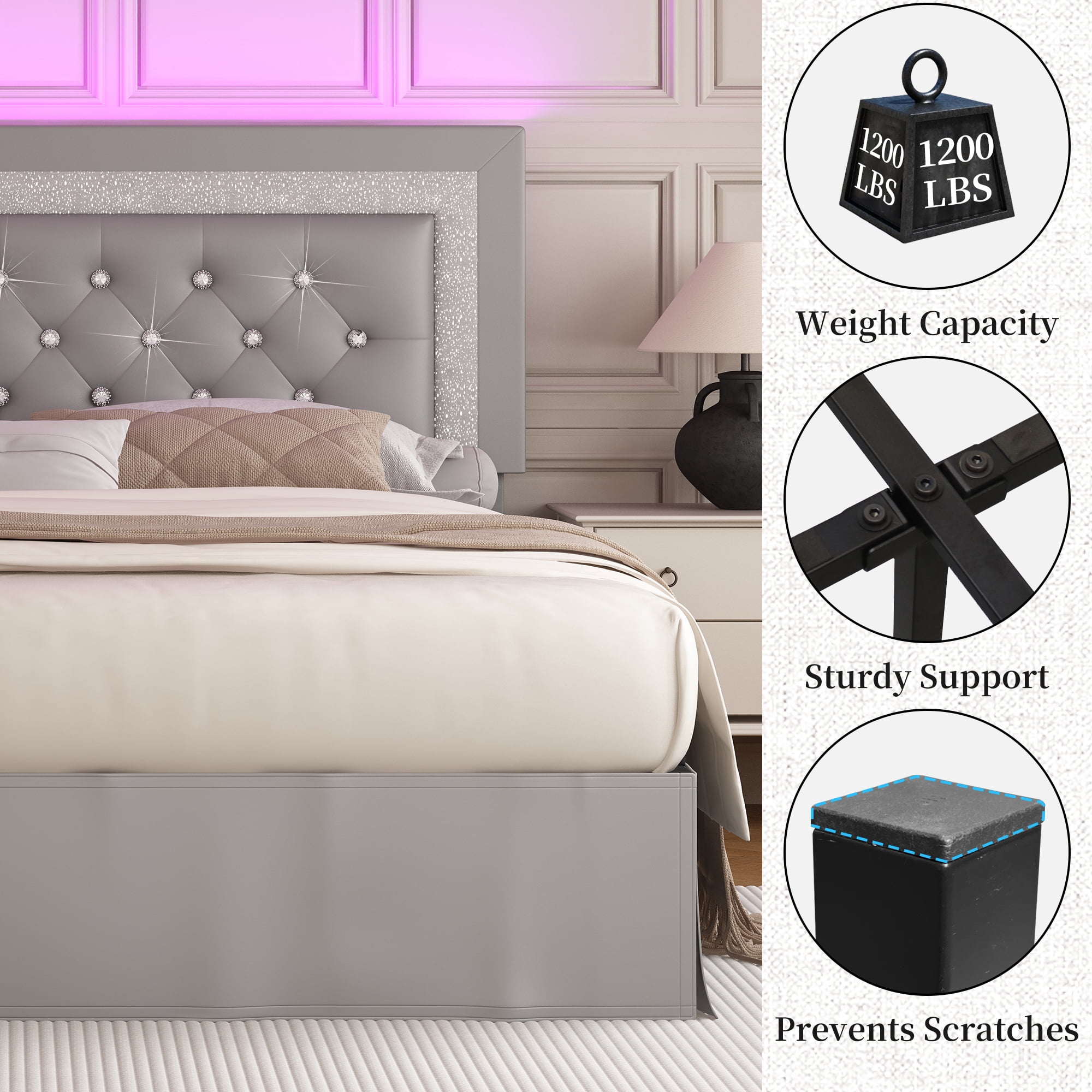 SIBEDS Queen Upholstered Bed Frame with Adjustable Headboard and LED Lights, Gray PU Tufted Diamond Button, No Box Spring Needed, Noise Free