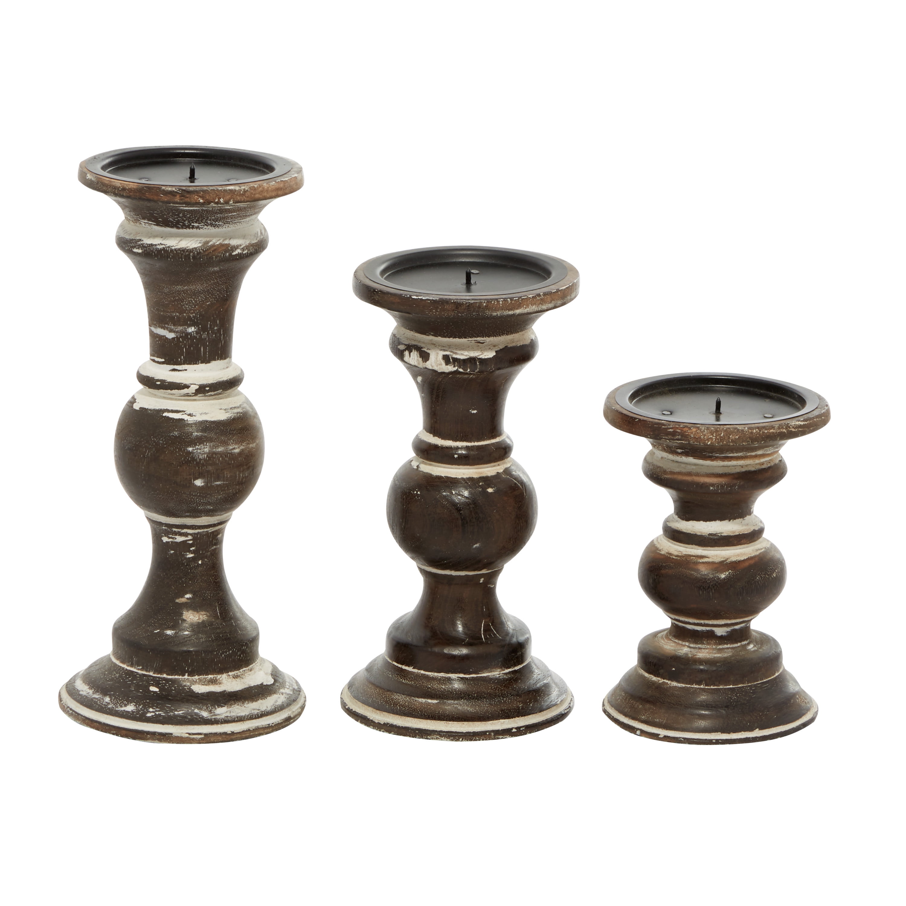 DecMode 3 Candle Dark Brown Wood Candle Holder, Set of 3