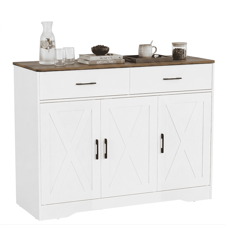 Lacoo Farmhouse Sideboard Buffet Cabinet with 2 Drawers and 3 Doors, Kitchen Storage Cabinet with Adjustable Shelf, Coffee Bar Cabinet for Dining Room and Living Room, White