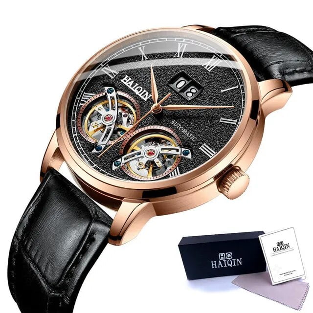 HAIQIN Men Watch Mechanical luxury Business watch Frosted Tourbillon 50m Waterproof Male Wrist watch Reloj Mecanico de hombres Roes gold Black 4 Walmart