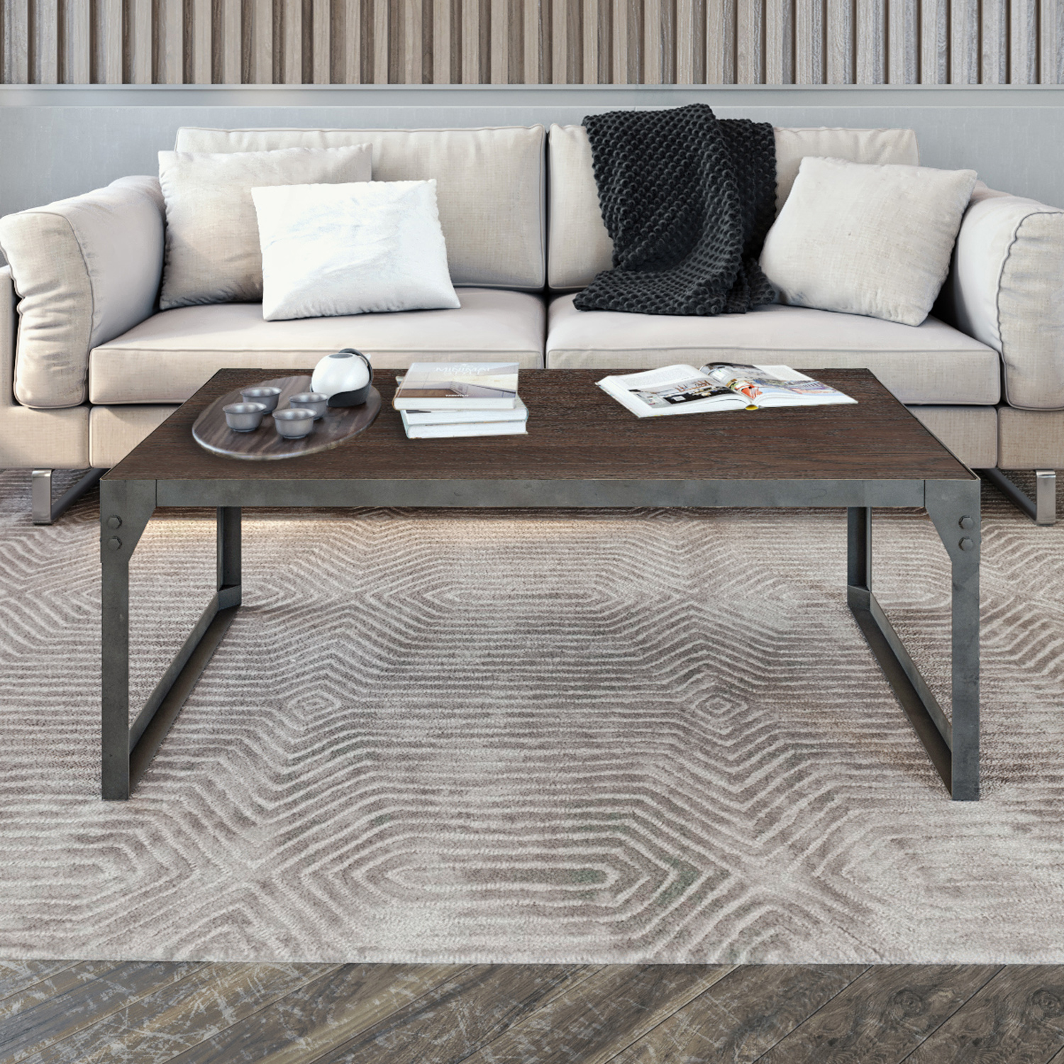 Landia Home Industrial Rectangular Coffee Table, Oak Brown and Gray