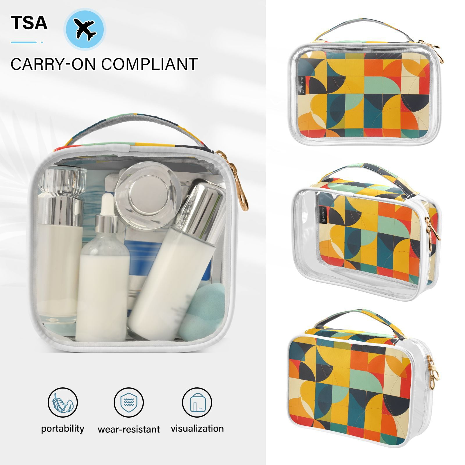 Clear Makeup Bags with Handle Large Opening 2 Pack Set Toiletry Bag Quart Size Bag, for Women Man Traveling Travel Essentials, Toiletries and Other. Colorful Abstract Vibrant Geometric Shape Curve