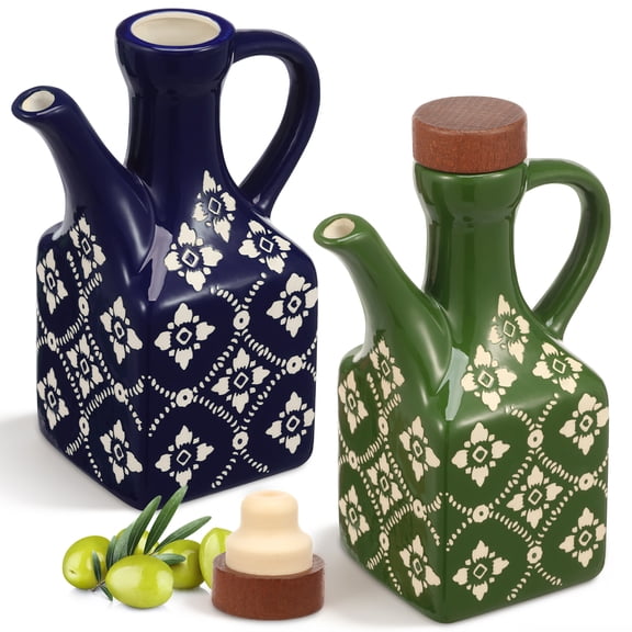 Ceramic Olive Oil Dispenser Bottle, 8.5 oz Decanter for Kitchen with Handle and Wooden Stopper Decorative Vinegar Dispenser Set Cooking Oil Container Cruet