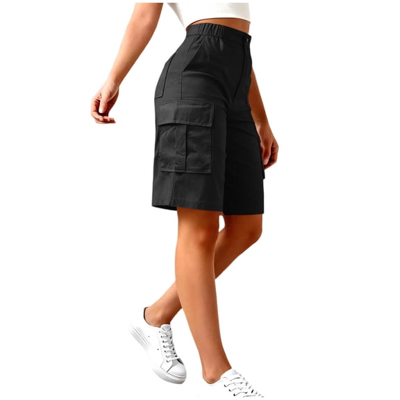 Guluxicc Women's Cargo Bermuda Shorts Active Casual Elastic Waist Shorts with Multi Pockets for Hiking Outdoor Daily Wear Basic Baggy Shorts