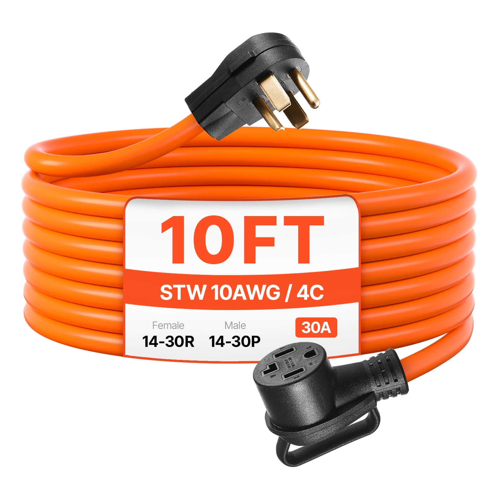 VEVOR 10 ft Dryer Extension Cord, 4-Prong NEMA 14-30P to 14-30R Dryer Cord, 125V/250V, STW 10AWG/4C, 30A, Pure Copper Wire Cable with Black Non-woven Bag and PVC Cable Tie, for Outdoor & Indoor Use