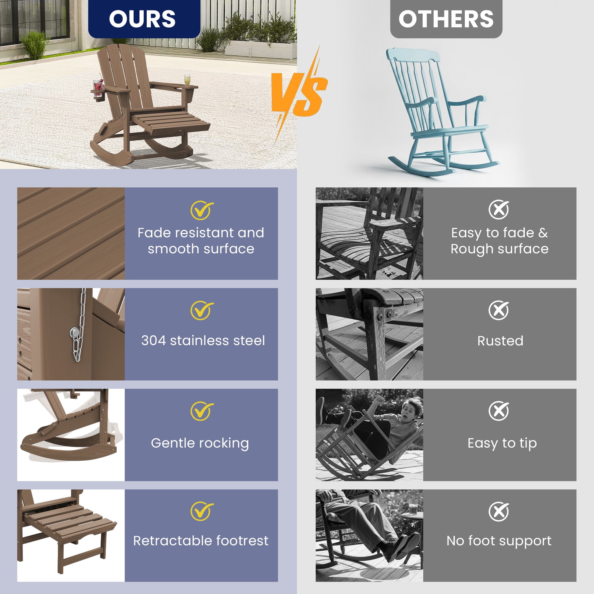 KINGYES Adirondack Rocking Chair Set of 2 with Retractable Ottoman and Cup Holders, HDPE Adirondack Rocker, Patio Rocking Chair for Porch, Patio, Brown