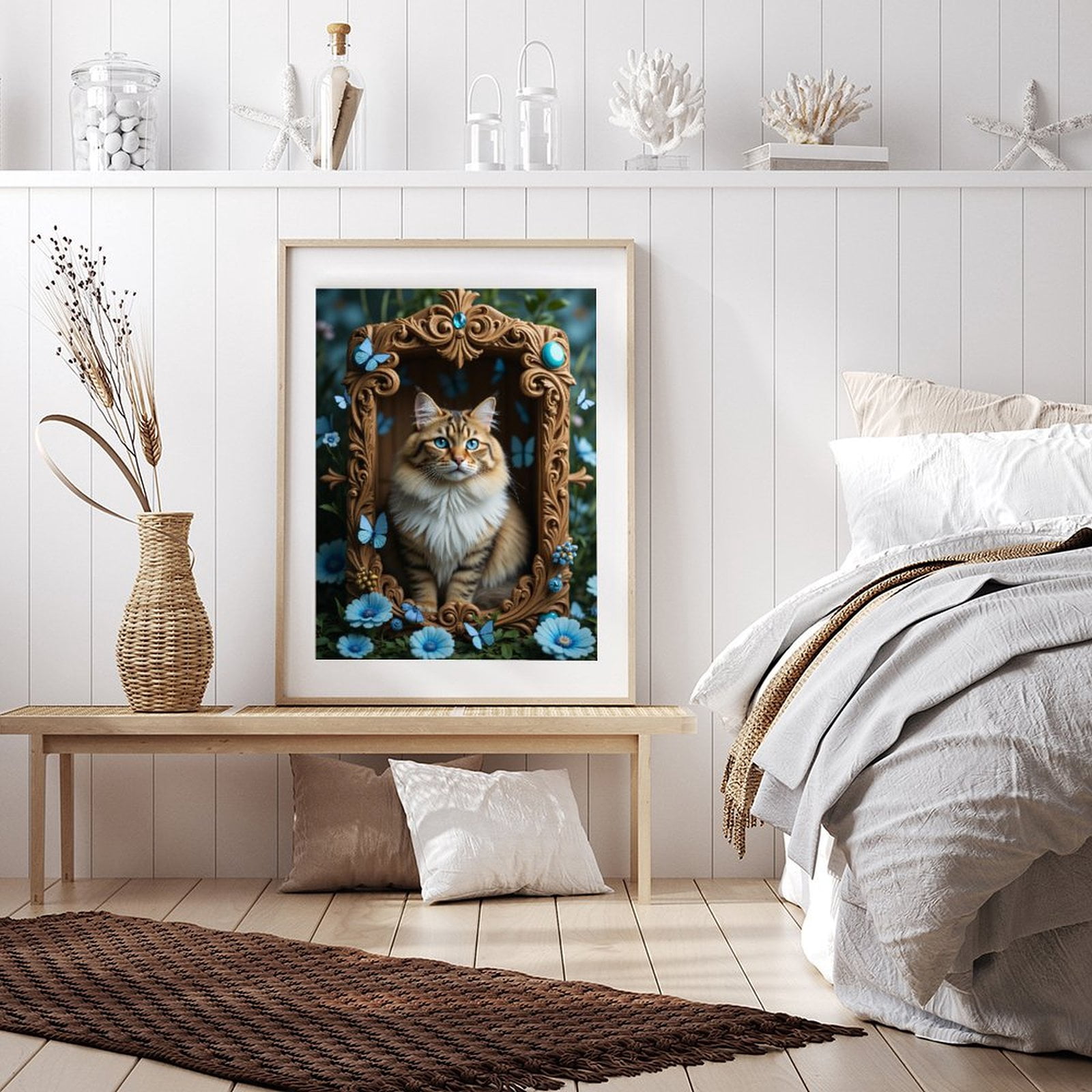 Diamond Art Kit for Adults, Blue Butterflies Framed Cat Scenery Diamond Painting for Adults Beginners, 5D DIY Diamond Art Painting Kits, Colorful Diamond Painting Craft for Home Decor 12x16