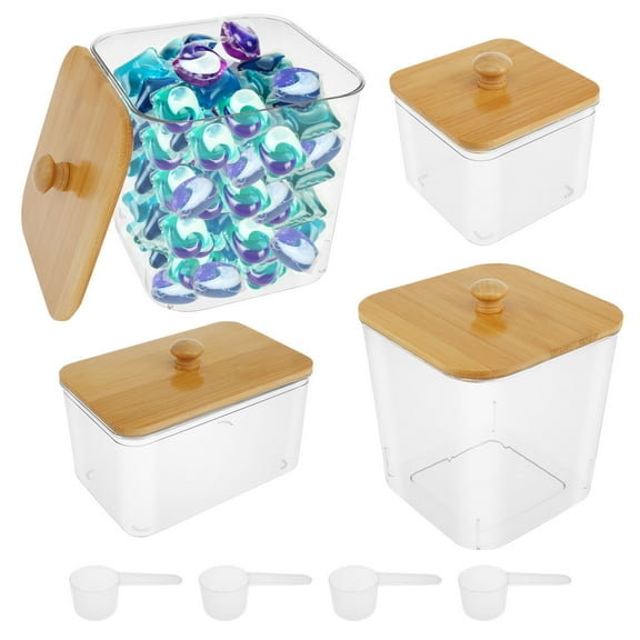 4 Pack Plastic Laundry Pods Container & Dryer Sheet Holder, Laundry Room Organization and Storage Jars with Lids, Scoops & Labels for Detergent, Powder, Scent Booster