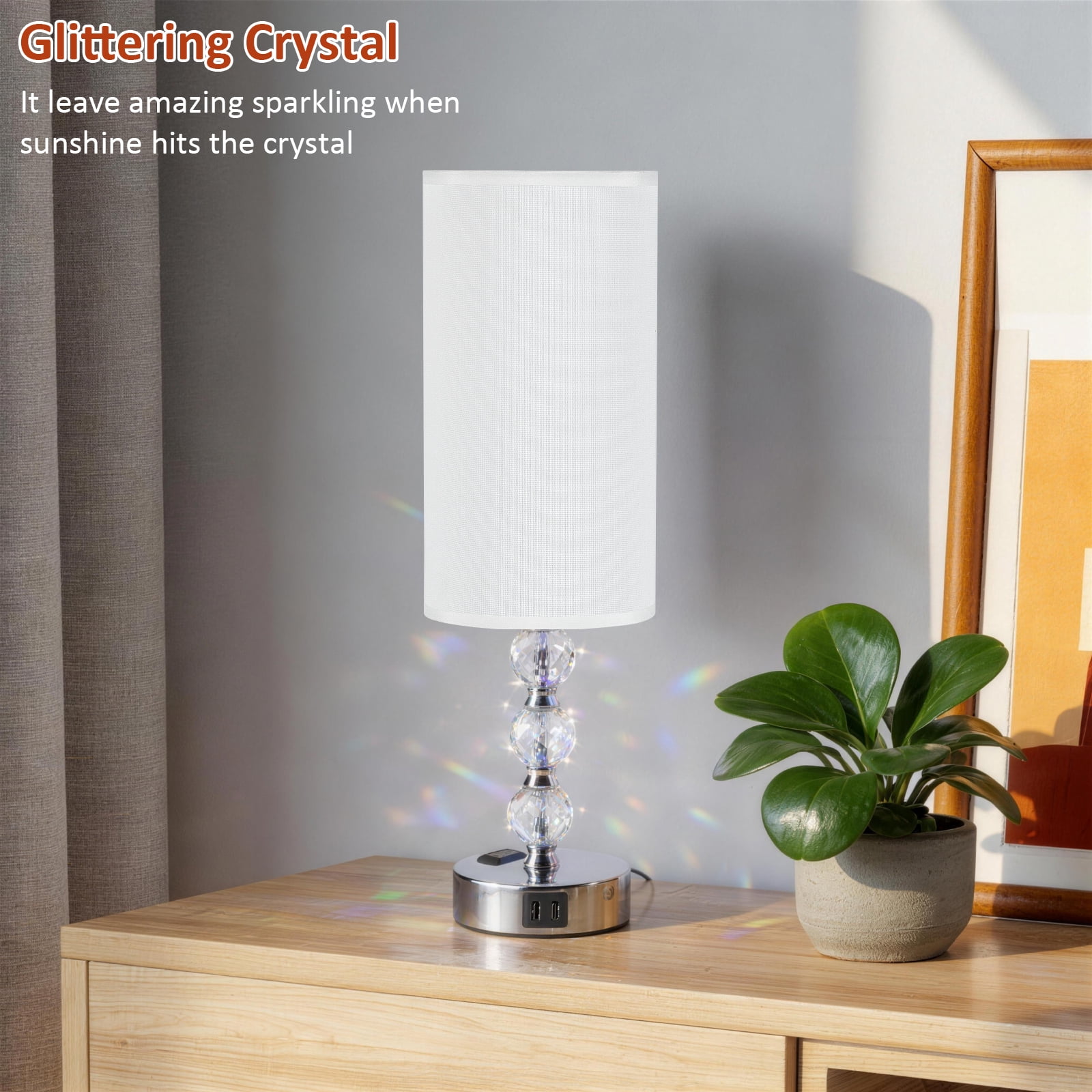 Crystal Table Lamps for Bedroom 17.9", 3 Way Dimmable Touch Control Bedside Lamp with USB C+A Fast Charging Ports, Nightstand Lamp for Office, Living Room, Reading(E26 Light Bulb Included), White