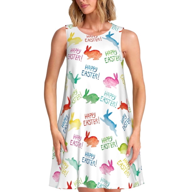 Fotbe Happy Easter Rabbit Vestido de Verano sin Mangas para Mujer – Vestido Midi Línea A, Estilo Camiseta Floral, Vestido Playero Casual y Fluido