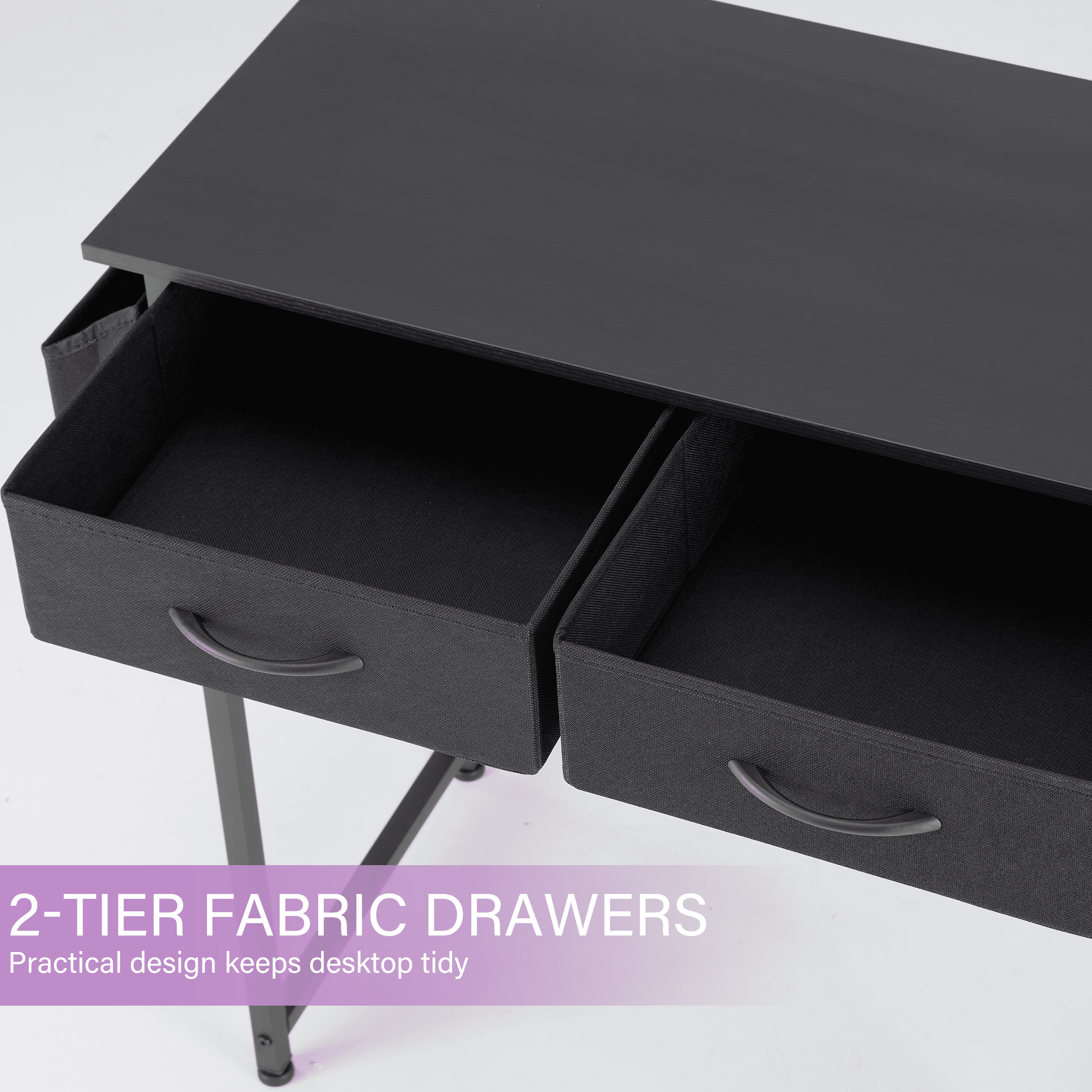 CONCETTA 32 inch Small Computer Desk with Fabric Drawers & Storage Bag Iron Hook for Bedroom, Black