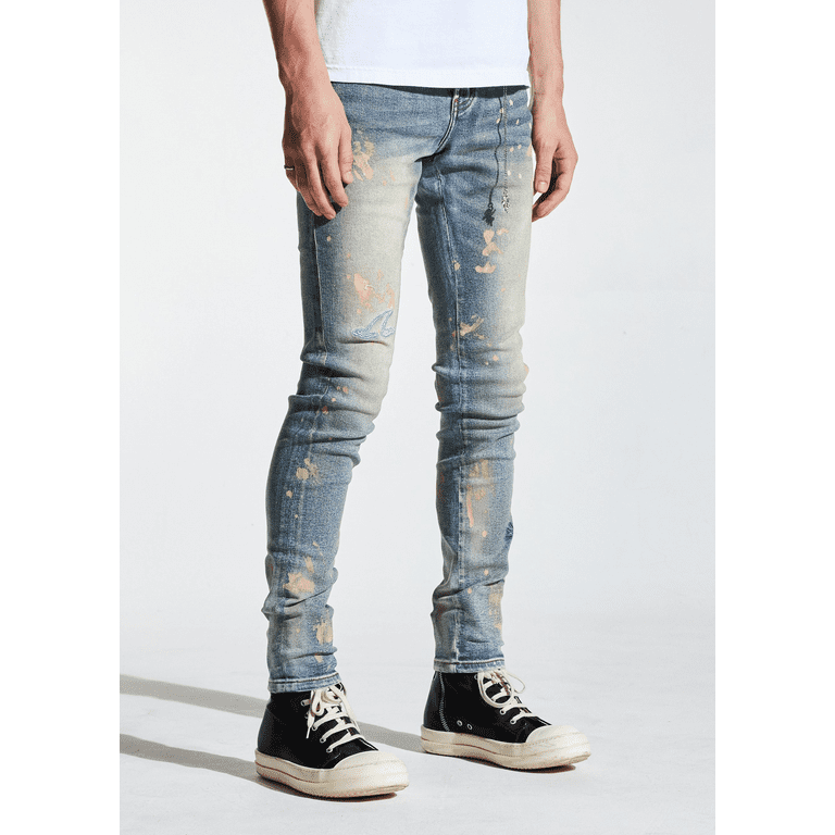 En Noir Men's Paint Splatter Embroidered Distressed Skinny