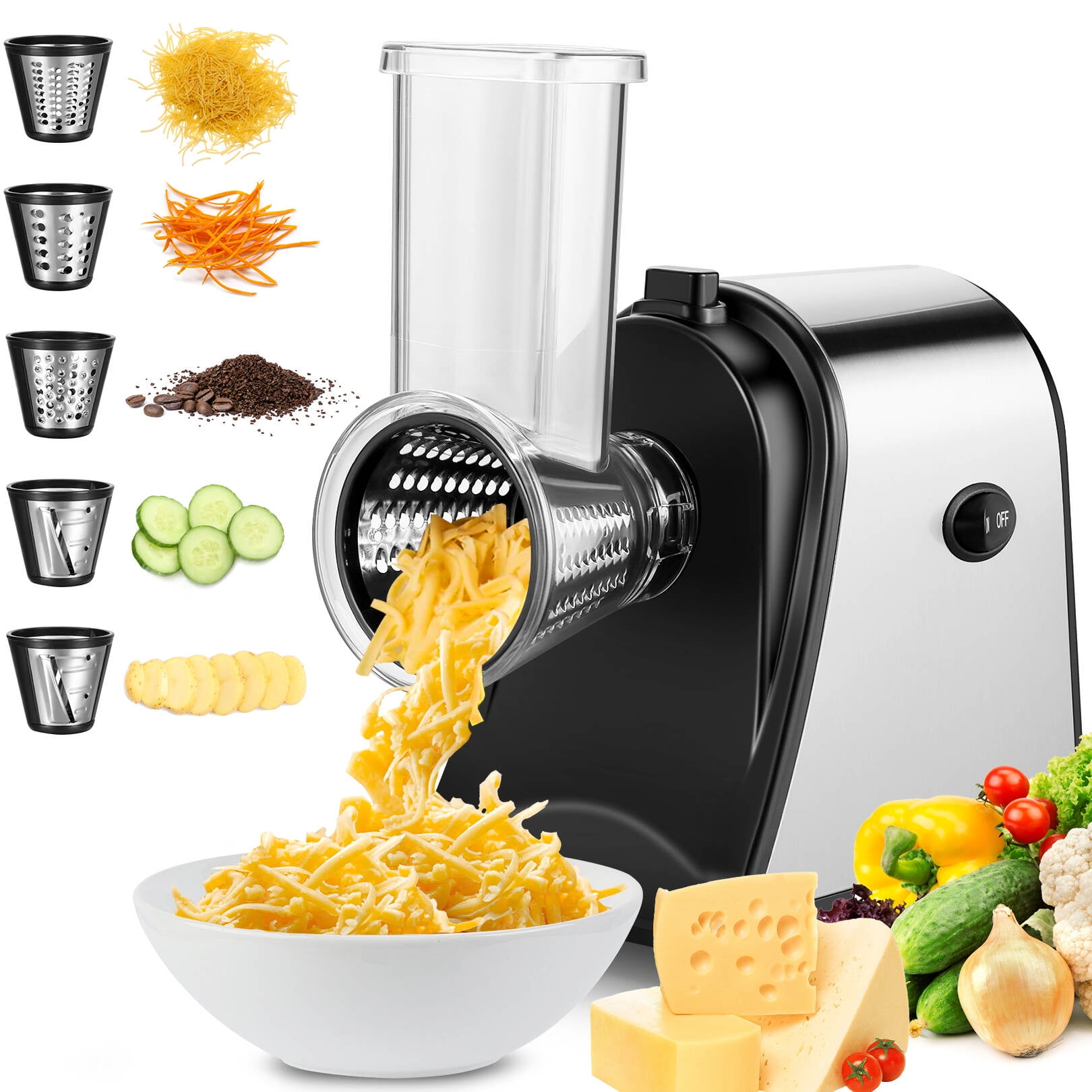 EYAS LAN Cheese grater electric, 250W Professional Electric Cheese Grater, Automatic Electric Grater for for Fruits, Cheeses,block,Vegetables with 5  Free Attachments, Black&Red, Upgraded in 2023 