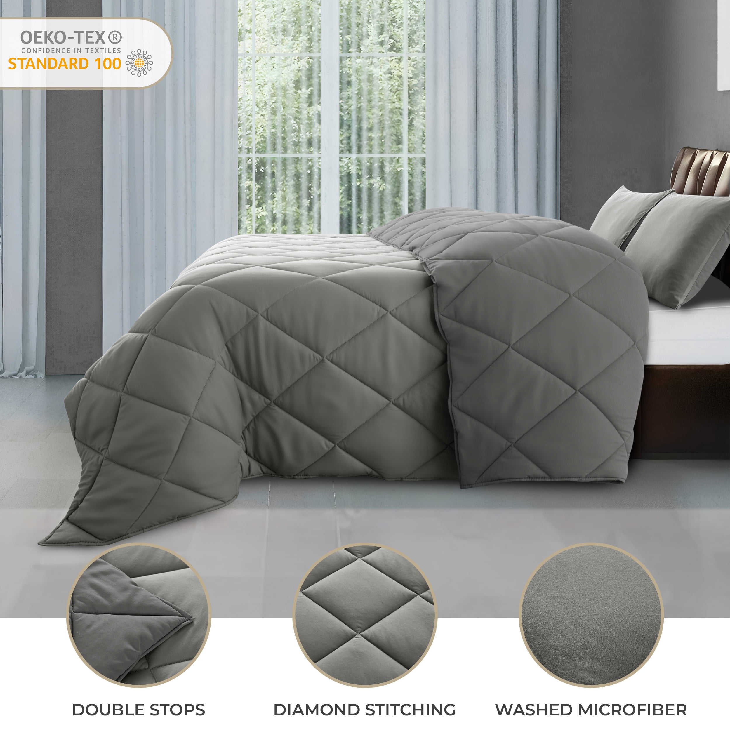 Lux Decor All-Season Comforter Sets King Size 3 PC, Reversible Bedding Set with Diamond Quilted Design Comforter and 2 Pillow Shams, Lightweight & Cozy Set de Cama Gray/Dark Gray