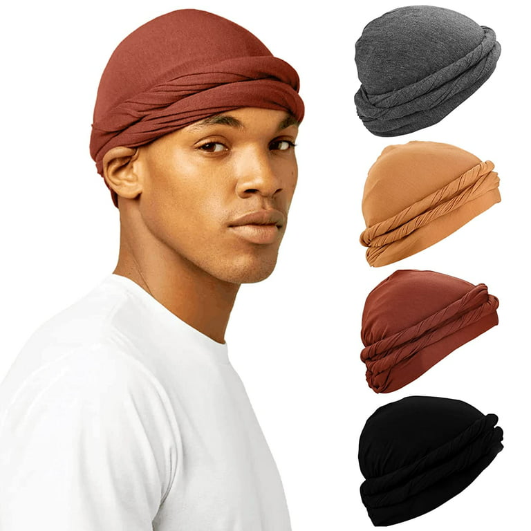 4 PCS Turban for Men Halo Turban Durag Vintage Turban Twist Head Wraps  Elastic Modal and Satin Lined Turban Scarf Tie for Hair (Black, Wine Red,  Army Green, Dark Gray) 