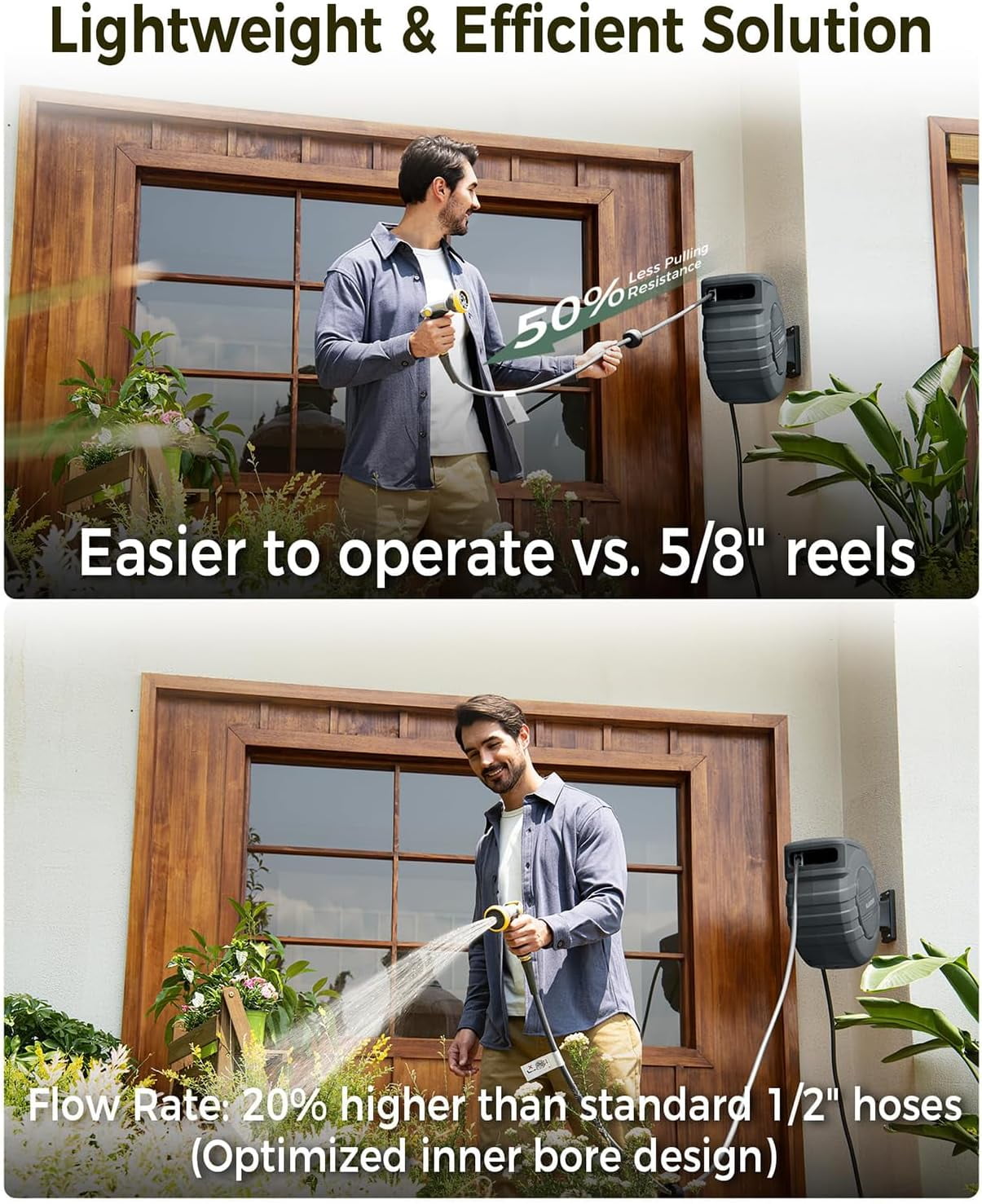 Retractable Garden Hose Reel 1/2 in x 65 ft, 2025 Upgraded Dual Ratchet Lock UV & Freeze Protection Brass Seal Slow Retraction Anti-Tangle Hose 180°Swivel Reinforced Scaffold Wall Mount