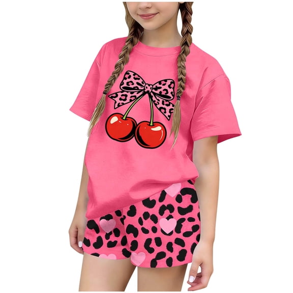 BFHHYA Girls Fashion Print Outfits 2PCS Round Neck Short Sleeve Top Elastic Waisted Shorts Tween Casual Loose Sets 3-15 Years