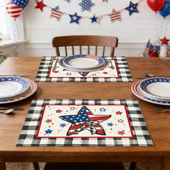 Rirozkan Placemats Set of 4, Linen Table Mats, 17.7x11.8 Inch, Washable Heat Resistant, Patriotic Red White Blue Stars for July 4th Independence Day