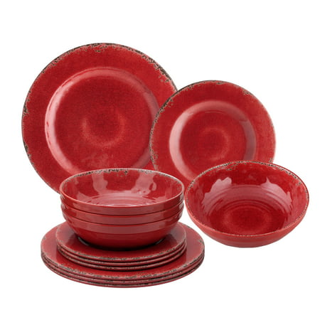 Gourmet Art 12-Piece Crackle Melamine Dinnerware Set, Red, Includes Dinner Plates, Salad Plates, Bowls, Service for