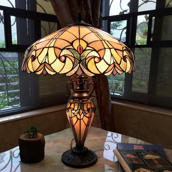 LIAISON Tiffany-style 3 Light Victorian Double Lit Table Lamp 18" Shade, Multicolor