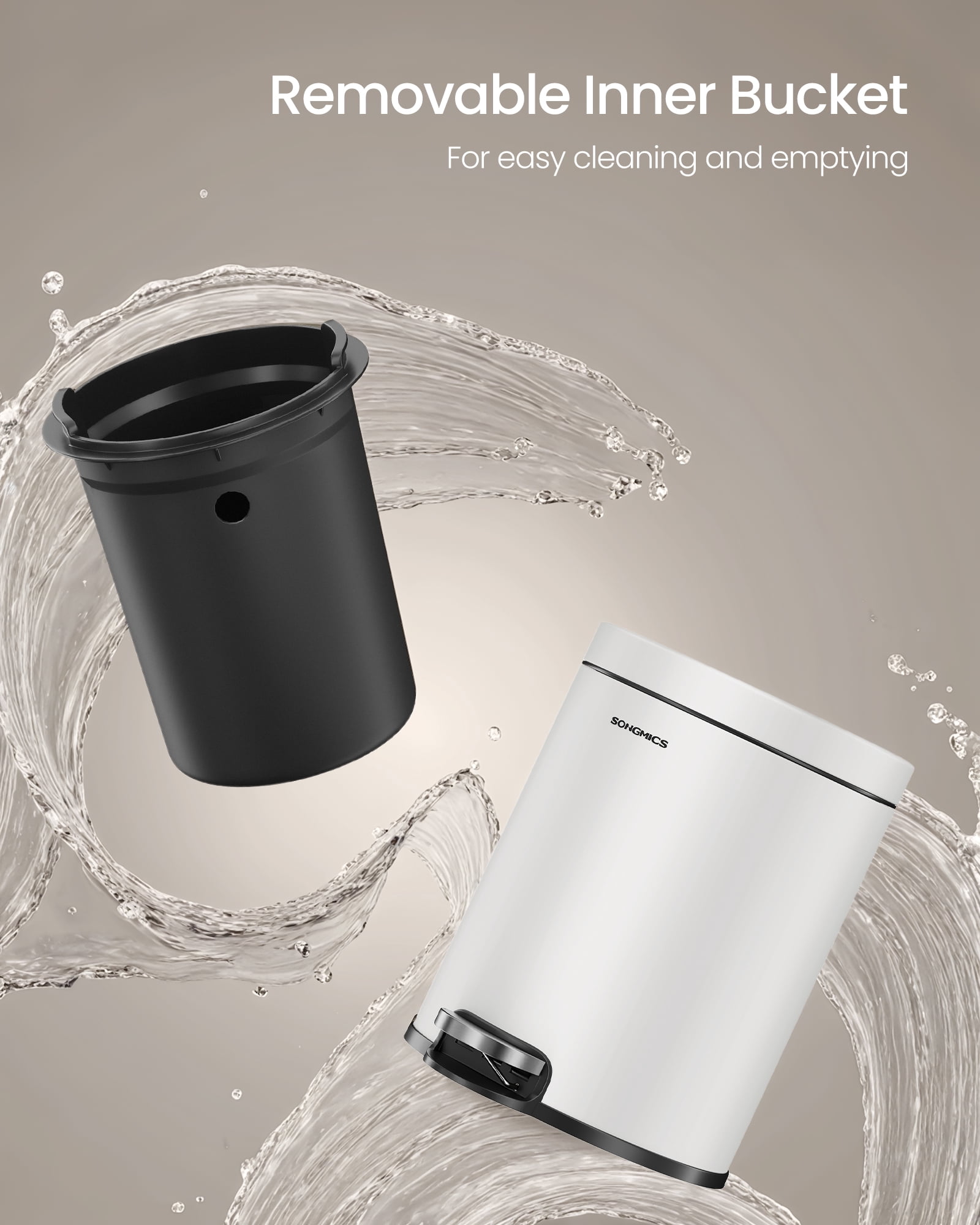 SONGMICS Bathroom Trash Can, 1.6 Gallon (6 L) Small Toilet Garbage Bin with Lid, Soft-Close, Stainless Steel, Pedal, Inner Bucket, Bedroom, Cloud White